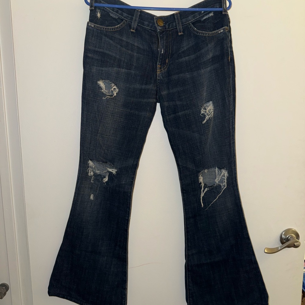 Current/Elliott Dark Blue Distressed Flare Jeans